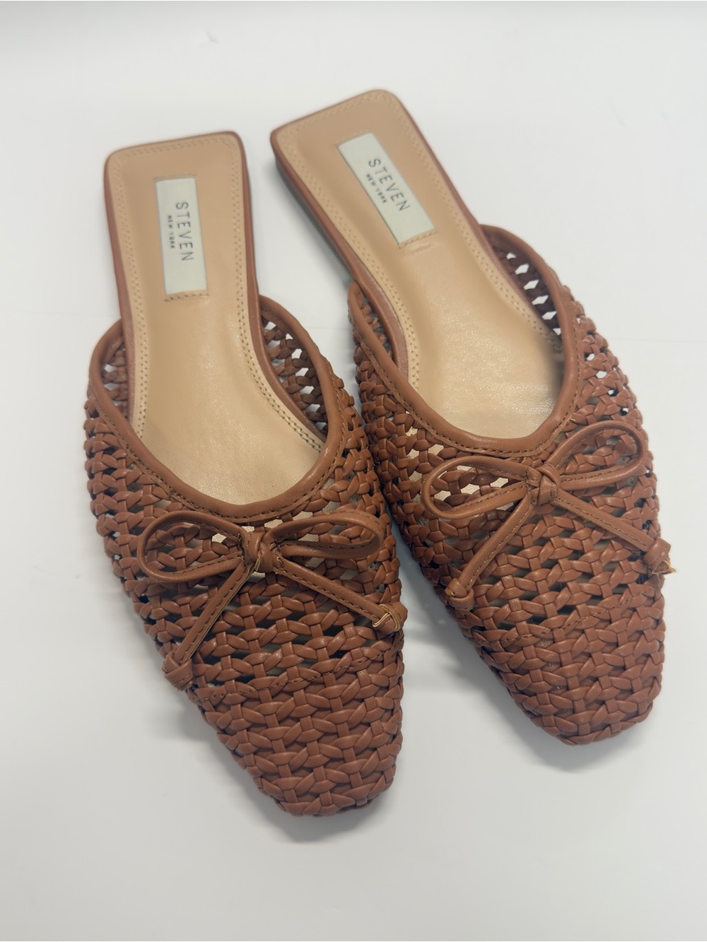 Steve Madden Tan Woven Bow-Accent Slip-On Mules